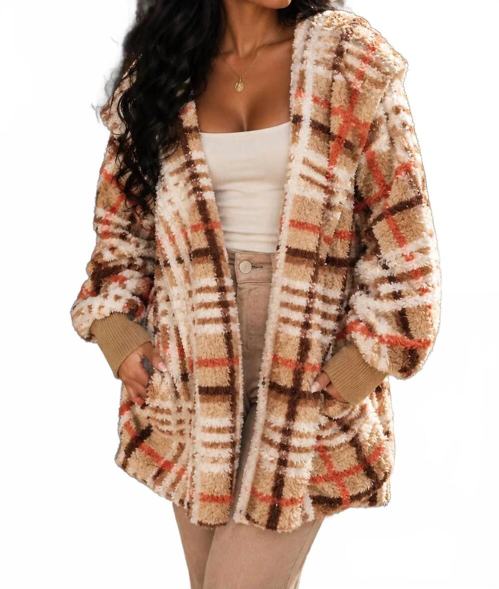 NEW SURELYMINE cozy plaid sherpa hooded jacket in camel